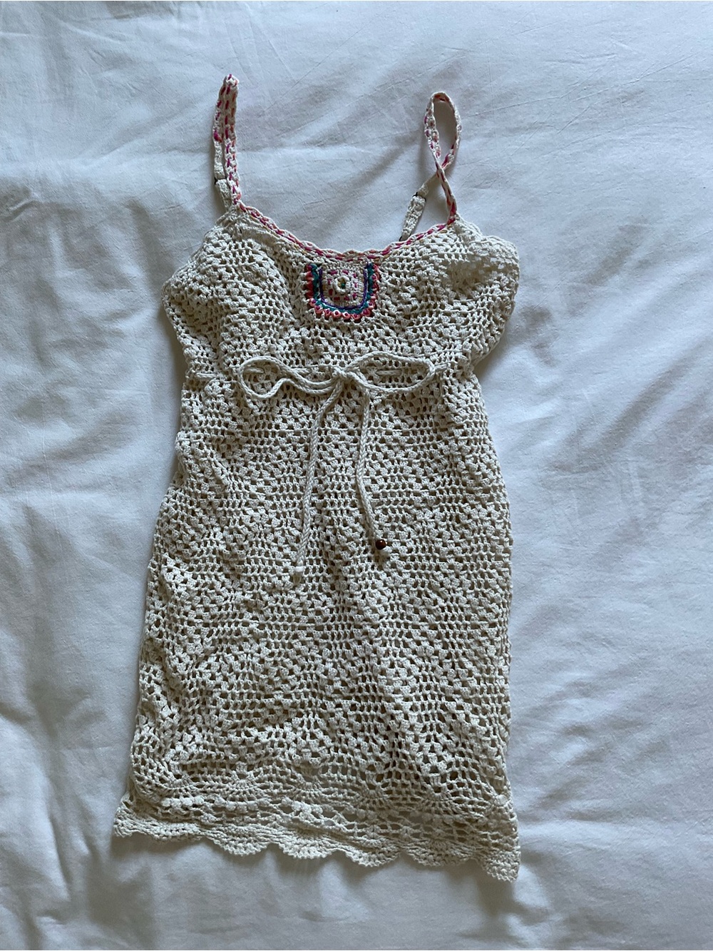 Crochet Tie-Waist Swim Coverup Dress in Cream, size m but runs pretty small